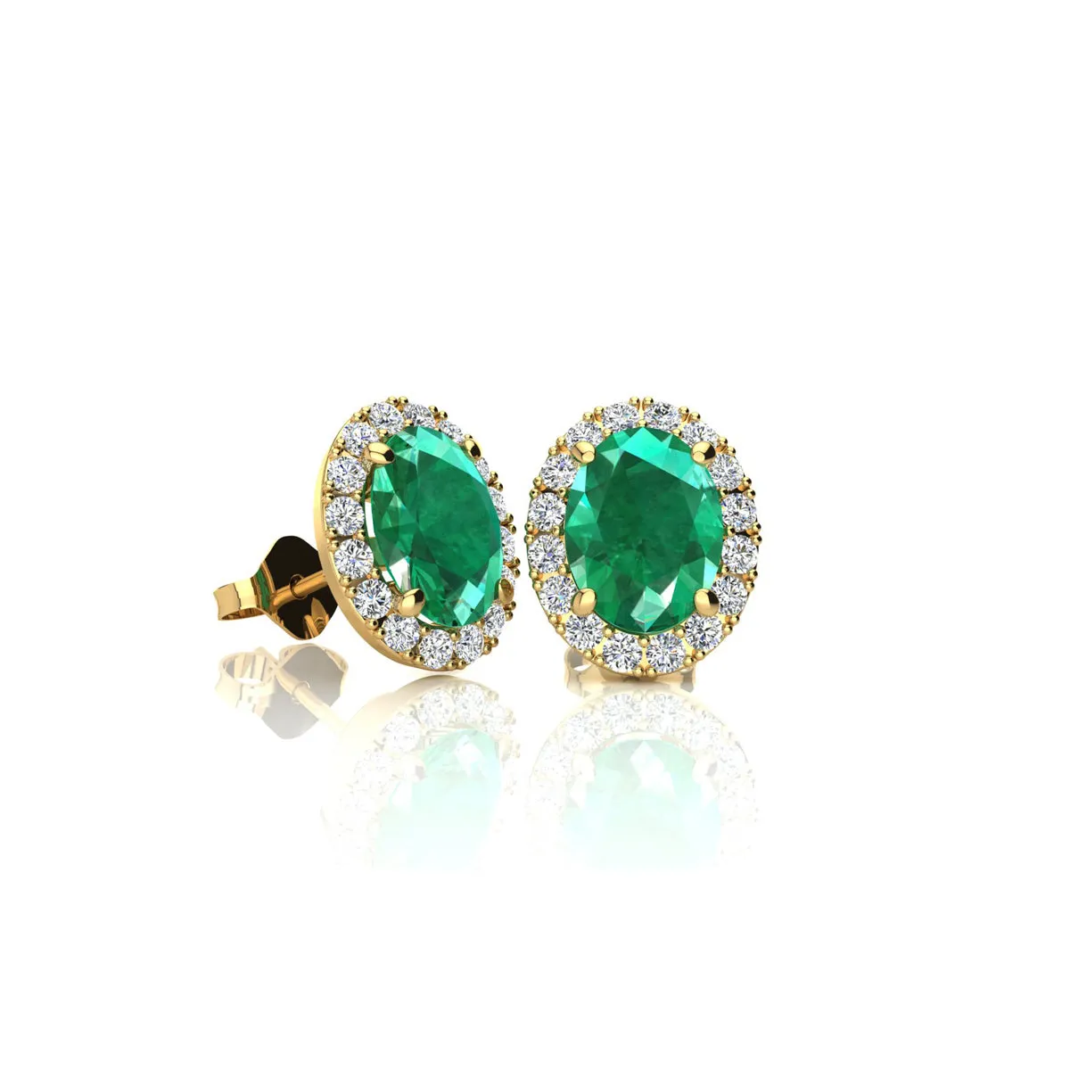 1 Carat Oval Shape Emerald And Halo Diamond Stud Earrings In 14 Karat Yellow Gold