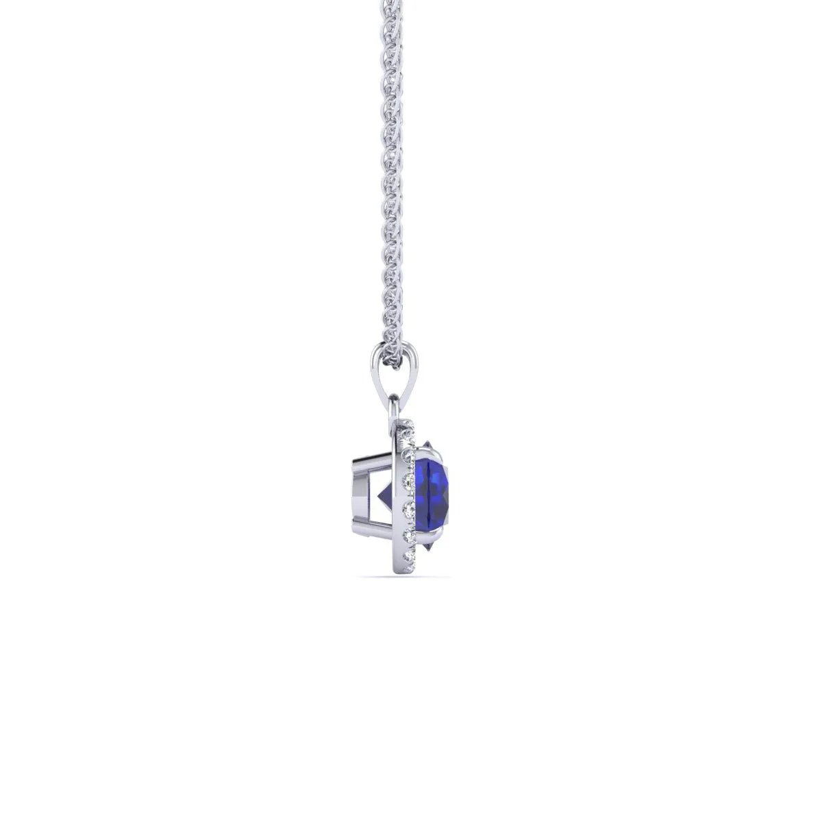 1 Carat Round Shape Sapphire And Halo Diamond Necklace In 14 Karat White Gold