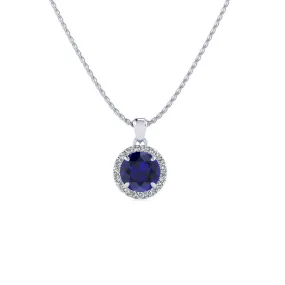 1 Carat Round Shape Sapphire And Halo Diamond Necklace In 14 Karat White Gold