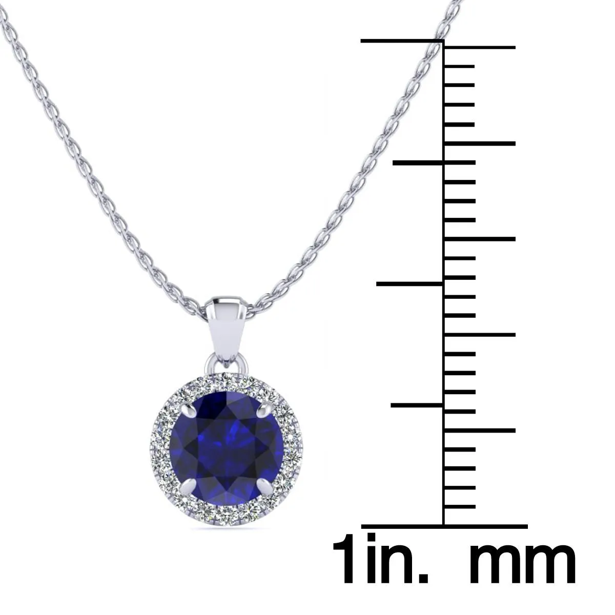 1 Carat Round Shape Sapphire And Halo Diamond Necklace In 14 Karat White Gold