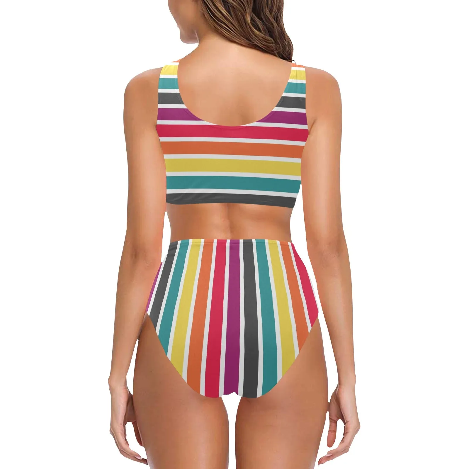 6 COLOR PALLETTE STRIPED FITTED SKIRT PRINT Chest Bowknot Bikini Swimsuit (Model S33)