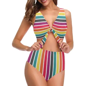 6 COLOR PALLETTE STRIPED FITTED SKIRT PRINT Chest Bowknot Bikini Swimsuit (Model S33)