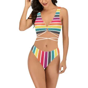 6 COLOR PALLETTE STRIPED FITTED SKIRT PRINT Cross String Bikini Set (Model S29)