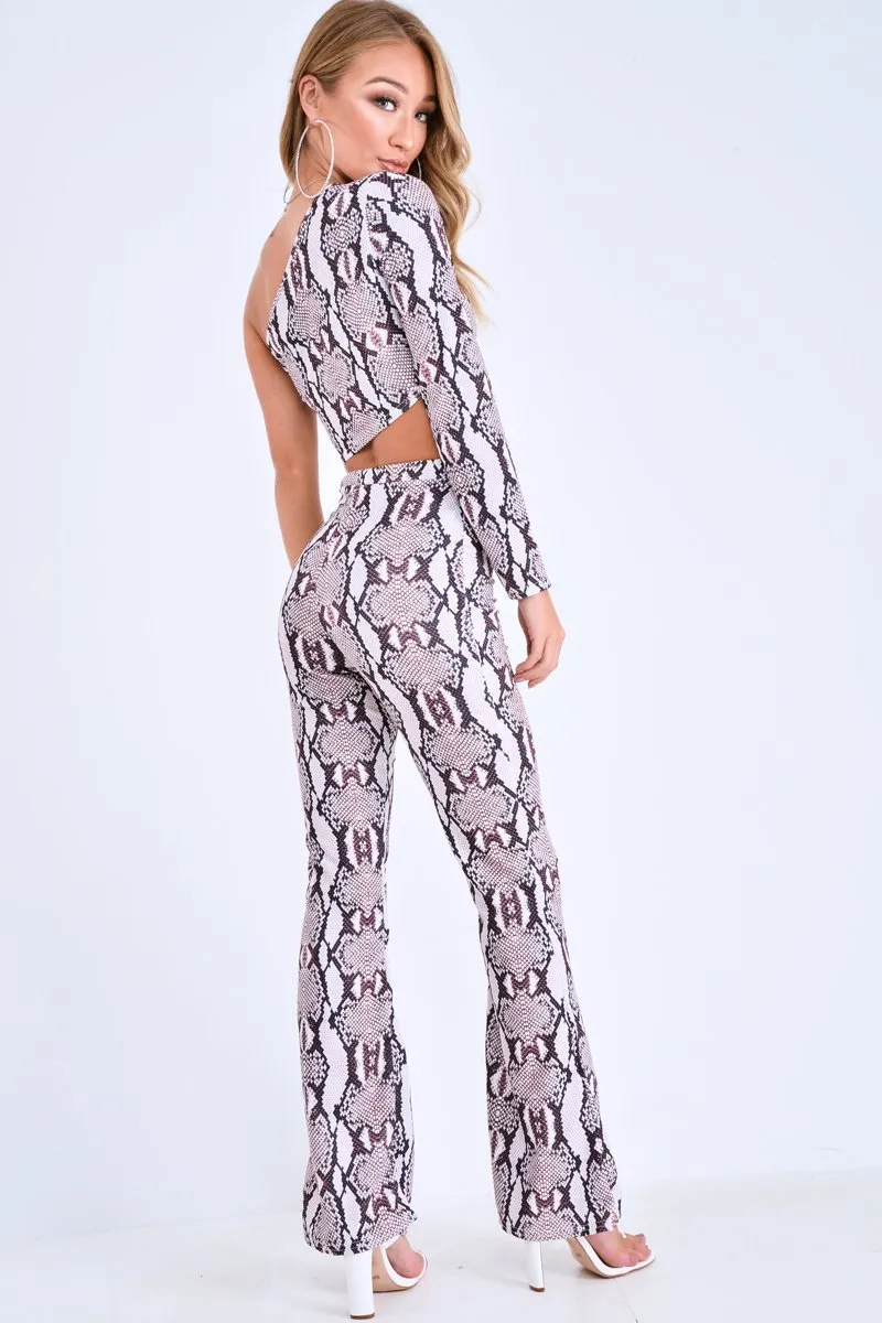 Beige Snake One Shoulder Top Wide Leg Trouser Co-Ord - Vixi