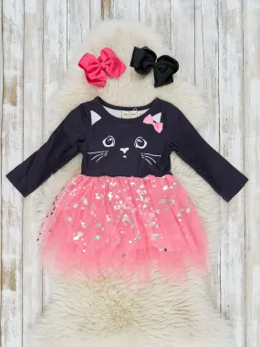 Black Cat & Pink Glitter Tulle Dress