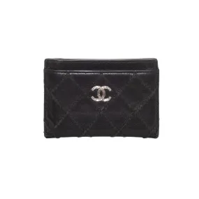 Black Leather Quilted Engraved Interlocking CC Card Holder