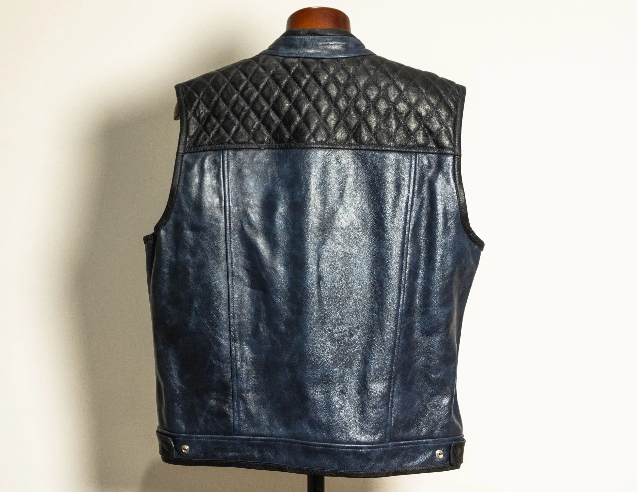 Blue Black Leather Vest, Motorcycle Vest Diamond Stitched | HandCrafted