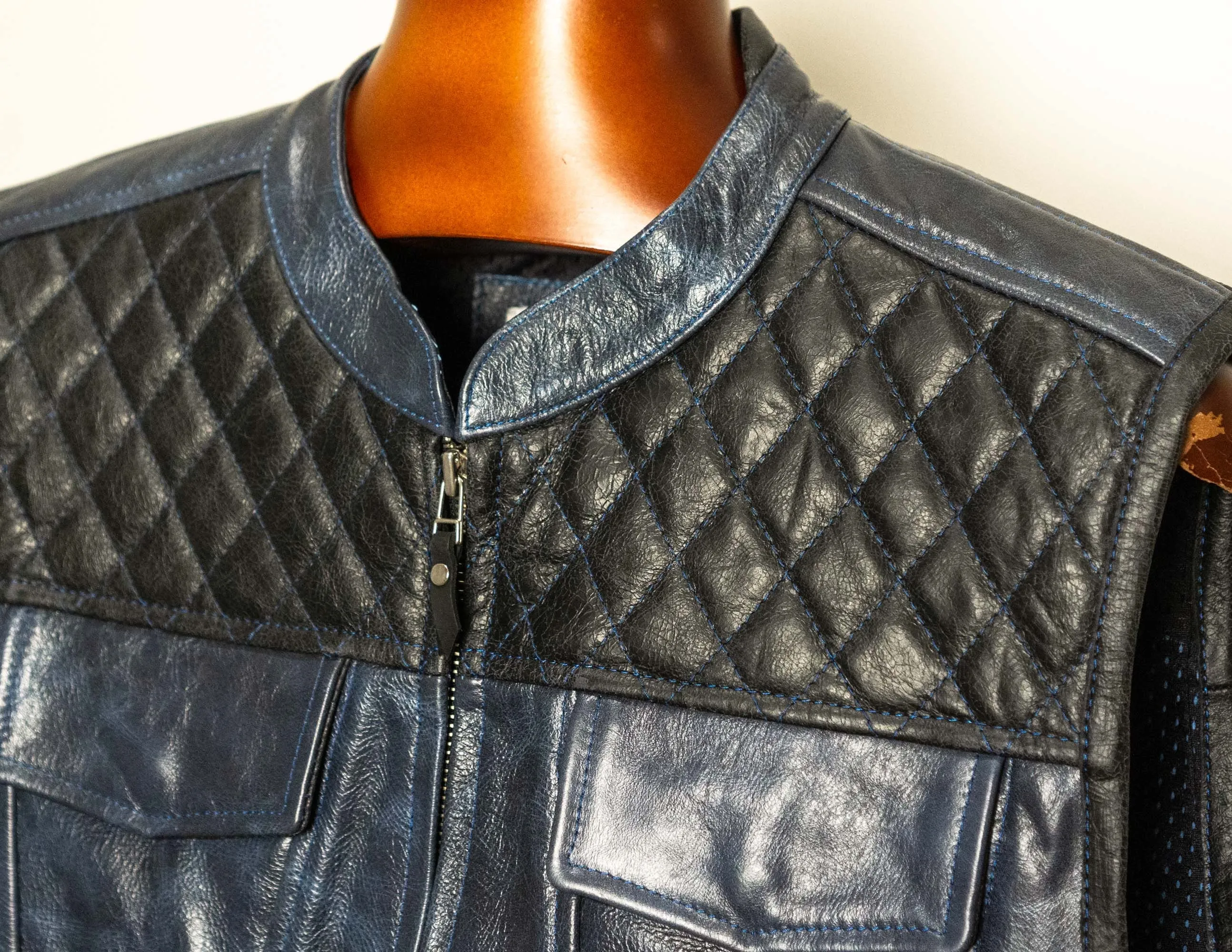 Blue Black Leather Vest, Motorcycle Vest Diamond Stitched | HandCrafted