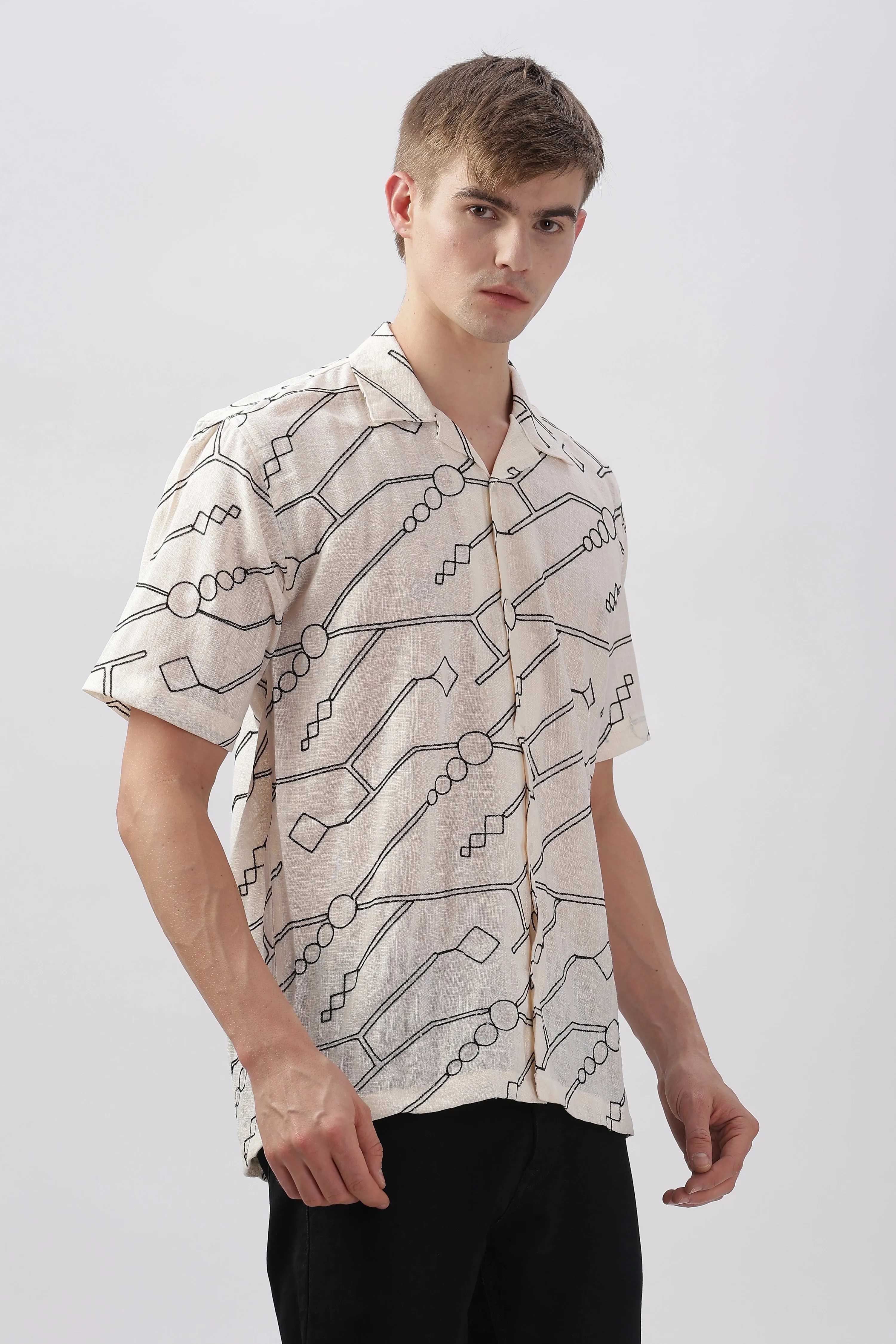 Cream abstract linen embroidered half sleeve shirt