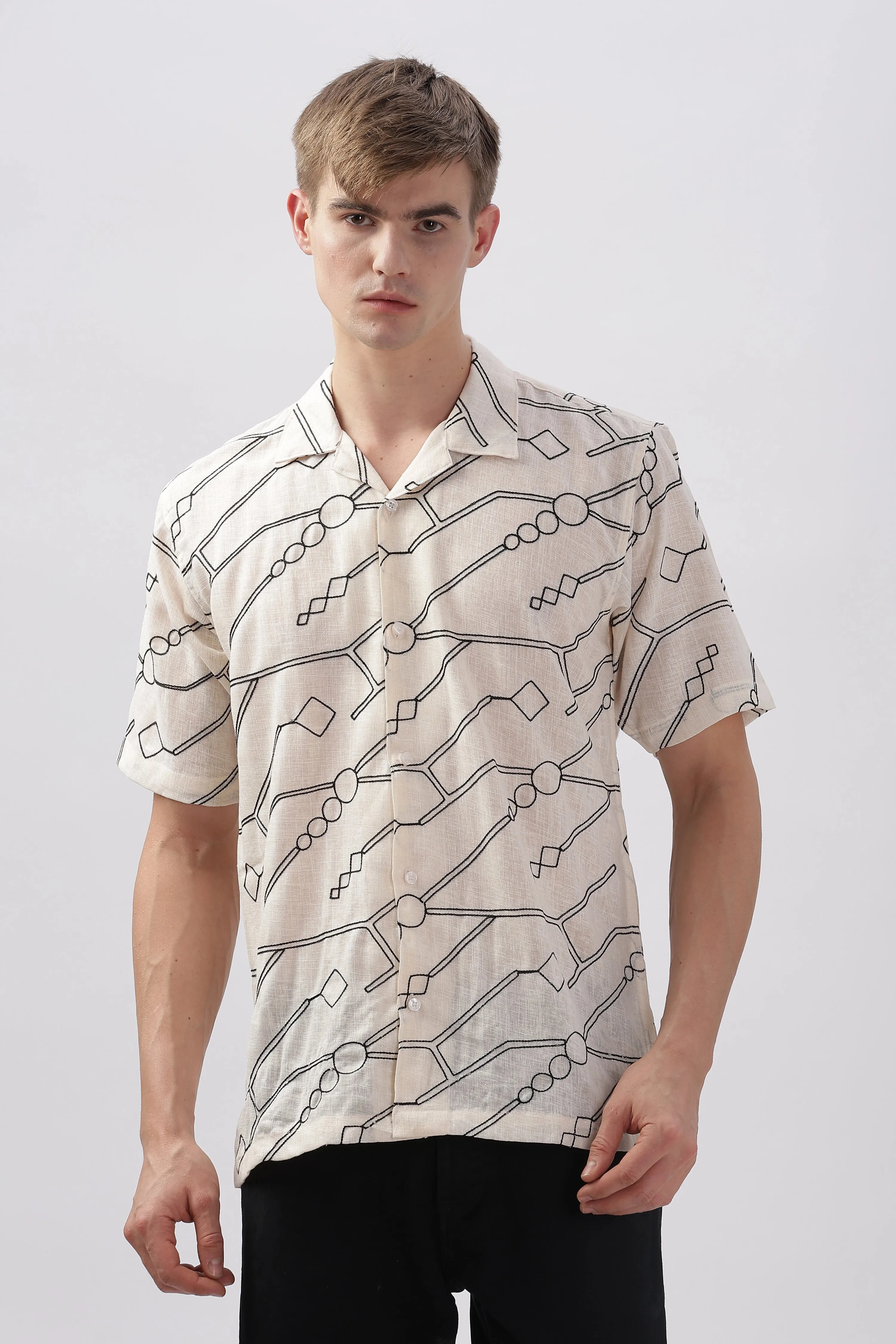 Cream abstract linen embroidered half sleeve shirt