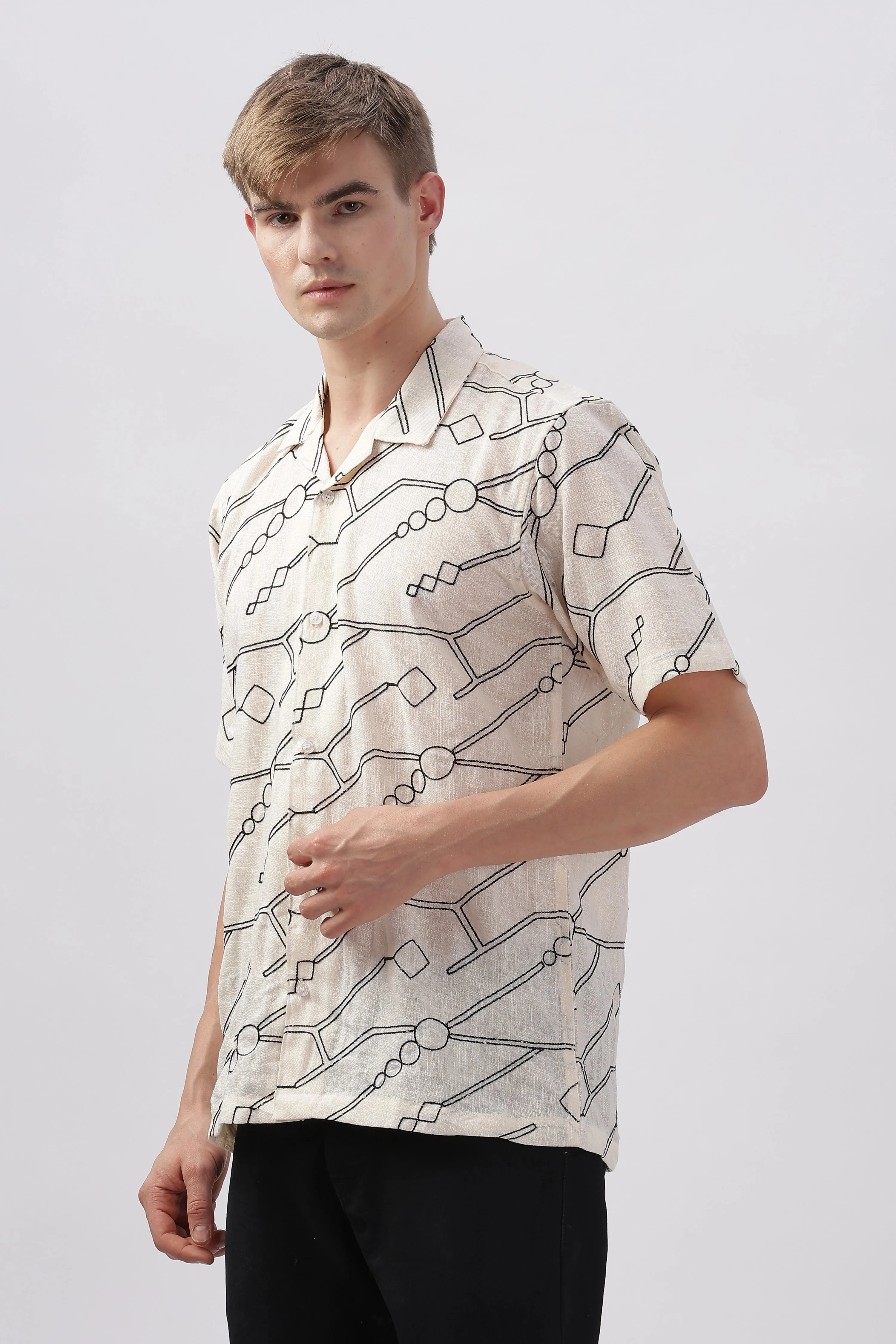 Cream abstract linen embroidered half sleeve shirt