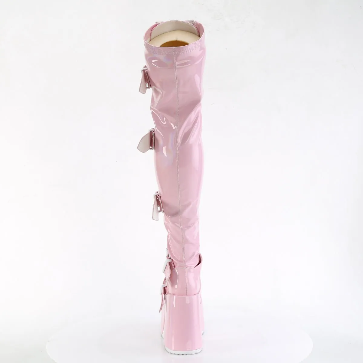 Demonia CAMEL-305 | Baby Pink Stretch Hologram Above Knee Boots