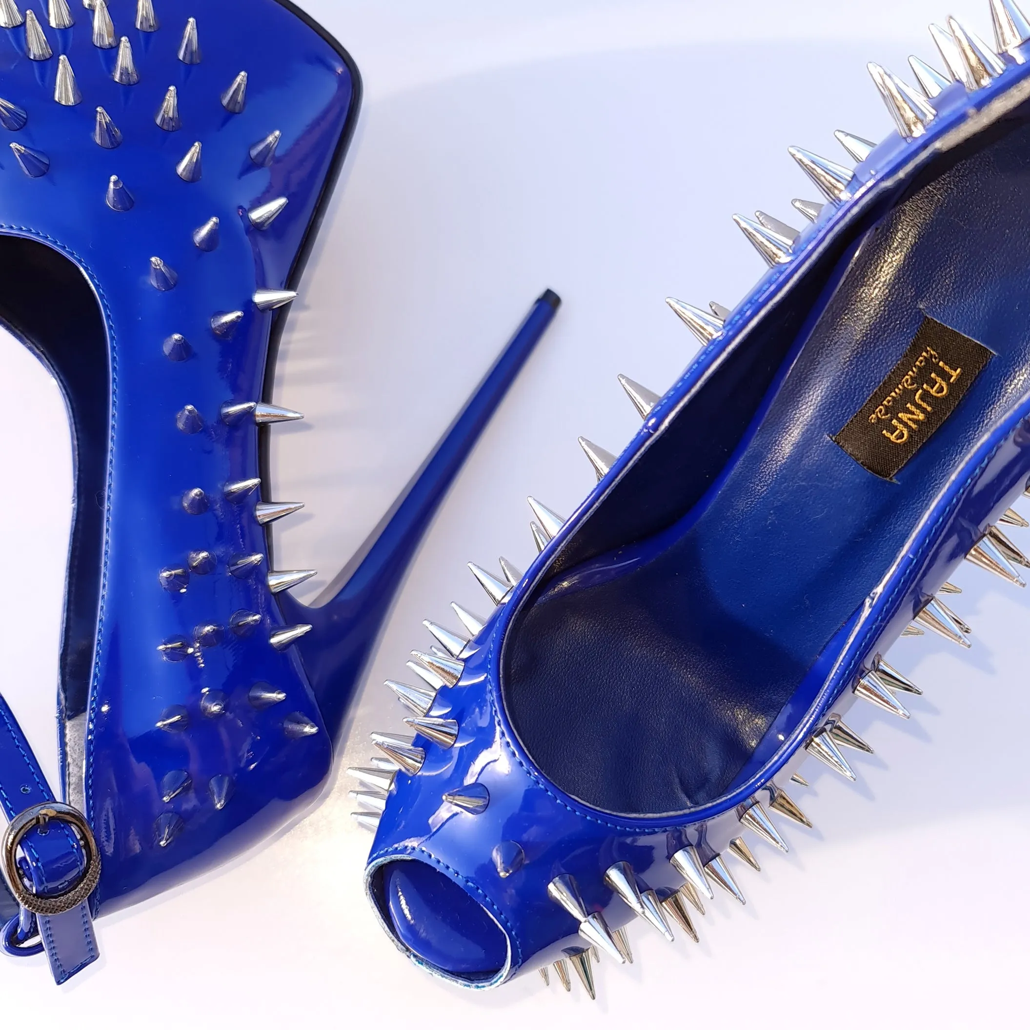 Electric Blue Gloss Spike Studded Ankle Strap Heels