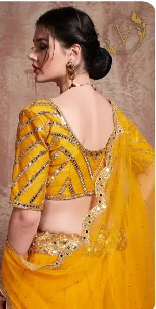 Embroidered Net Lehenga in Yellow