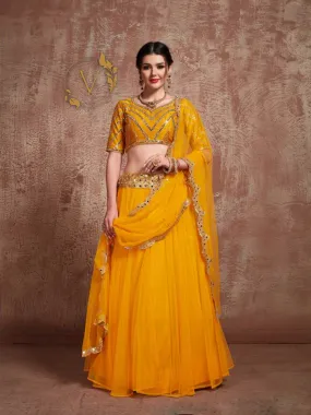 Embroidered Net Lehenga in Yellow