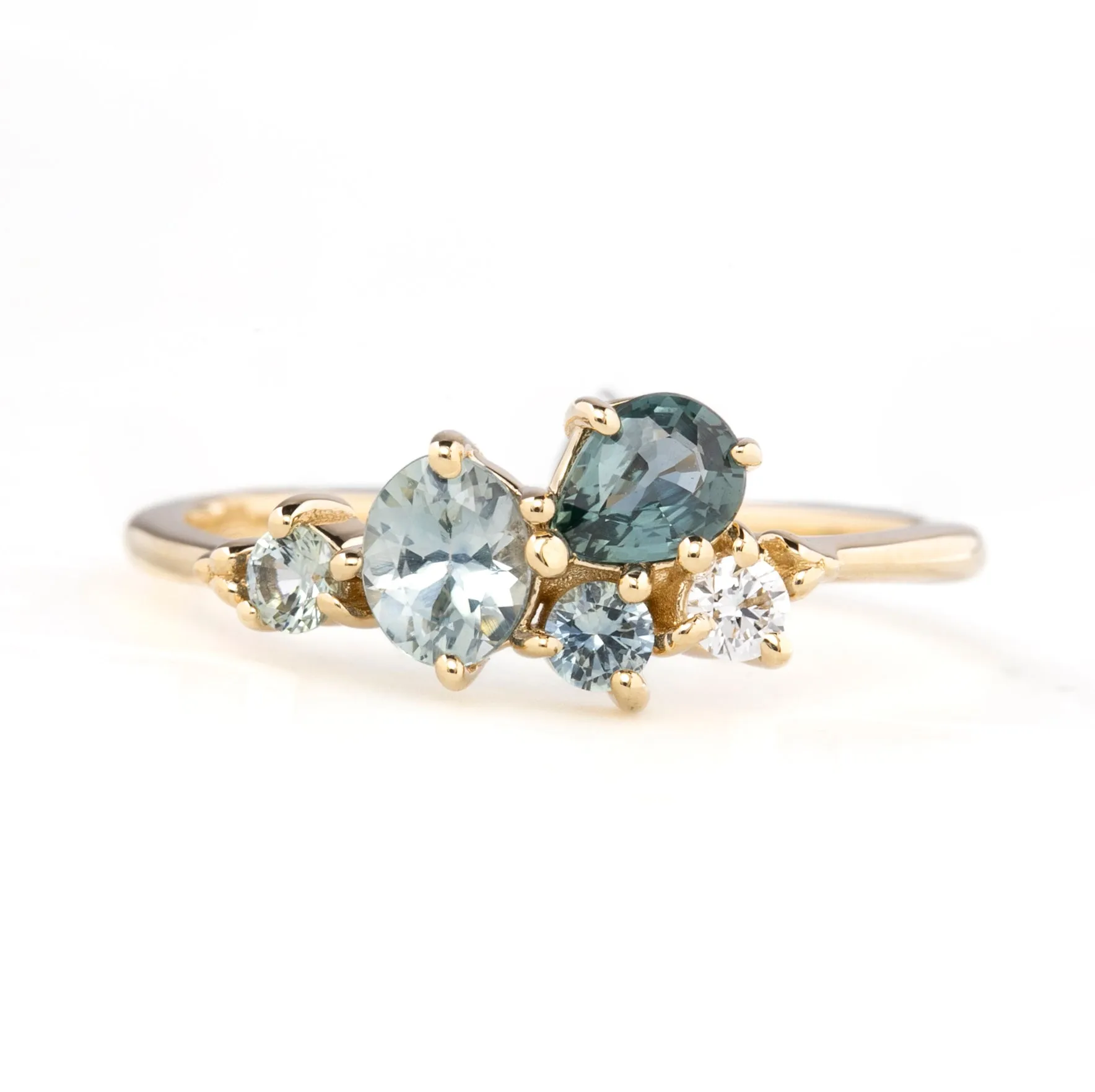 Five Stones Sapphire Stardust Cluster Ring, 14k Gold (One of a kind)