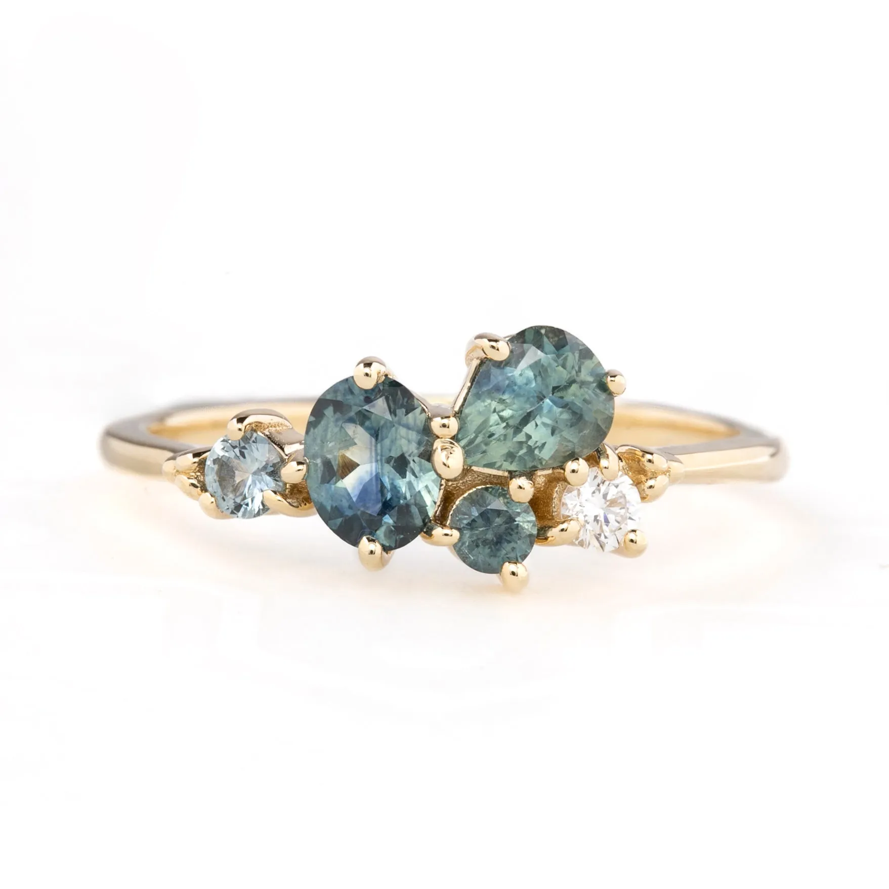 Five Stones Sapphire Stardust Cluster Ring, 14k Gold (One of a kind)