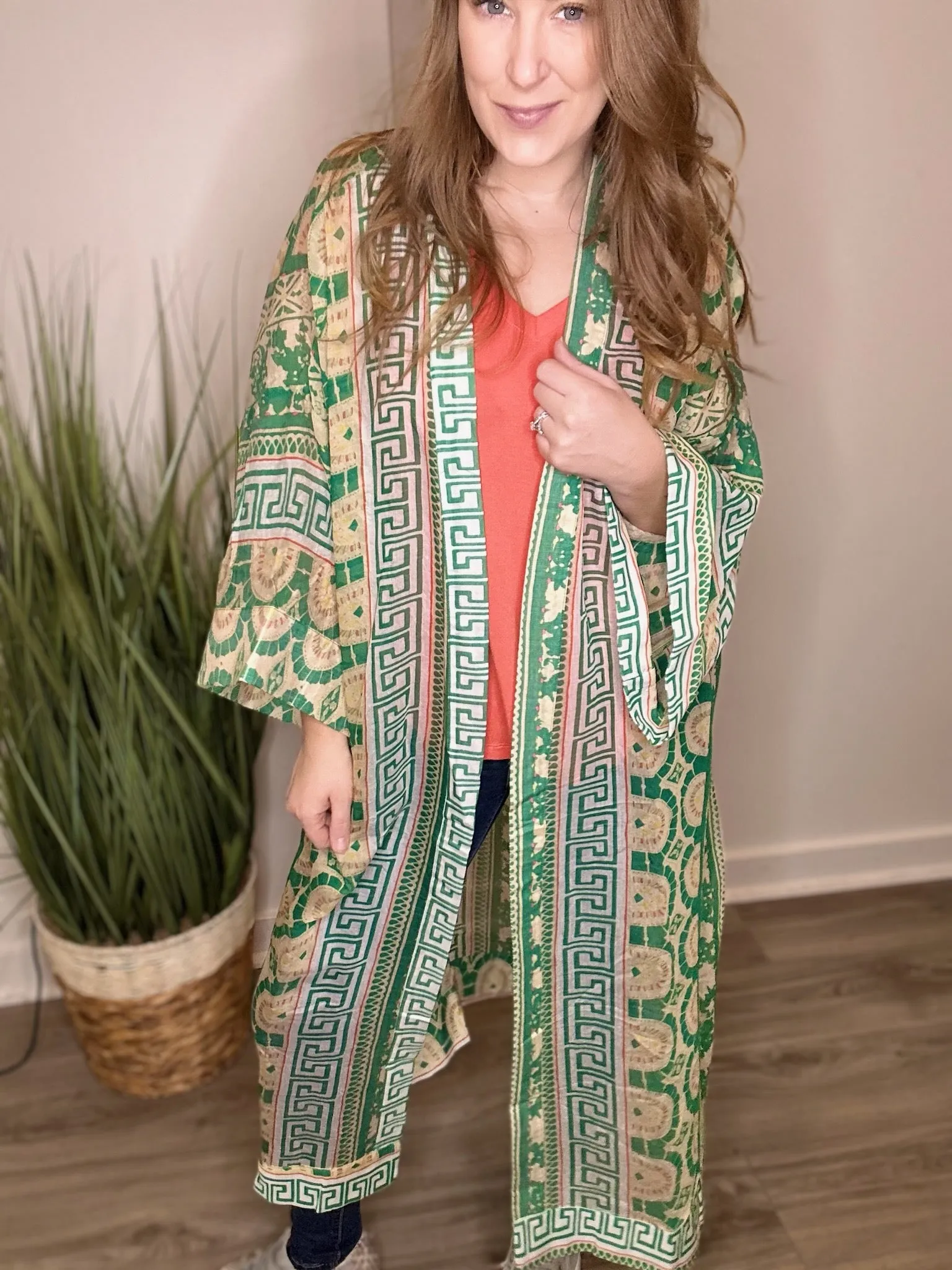 Green Boho Mixed Print Kimono