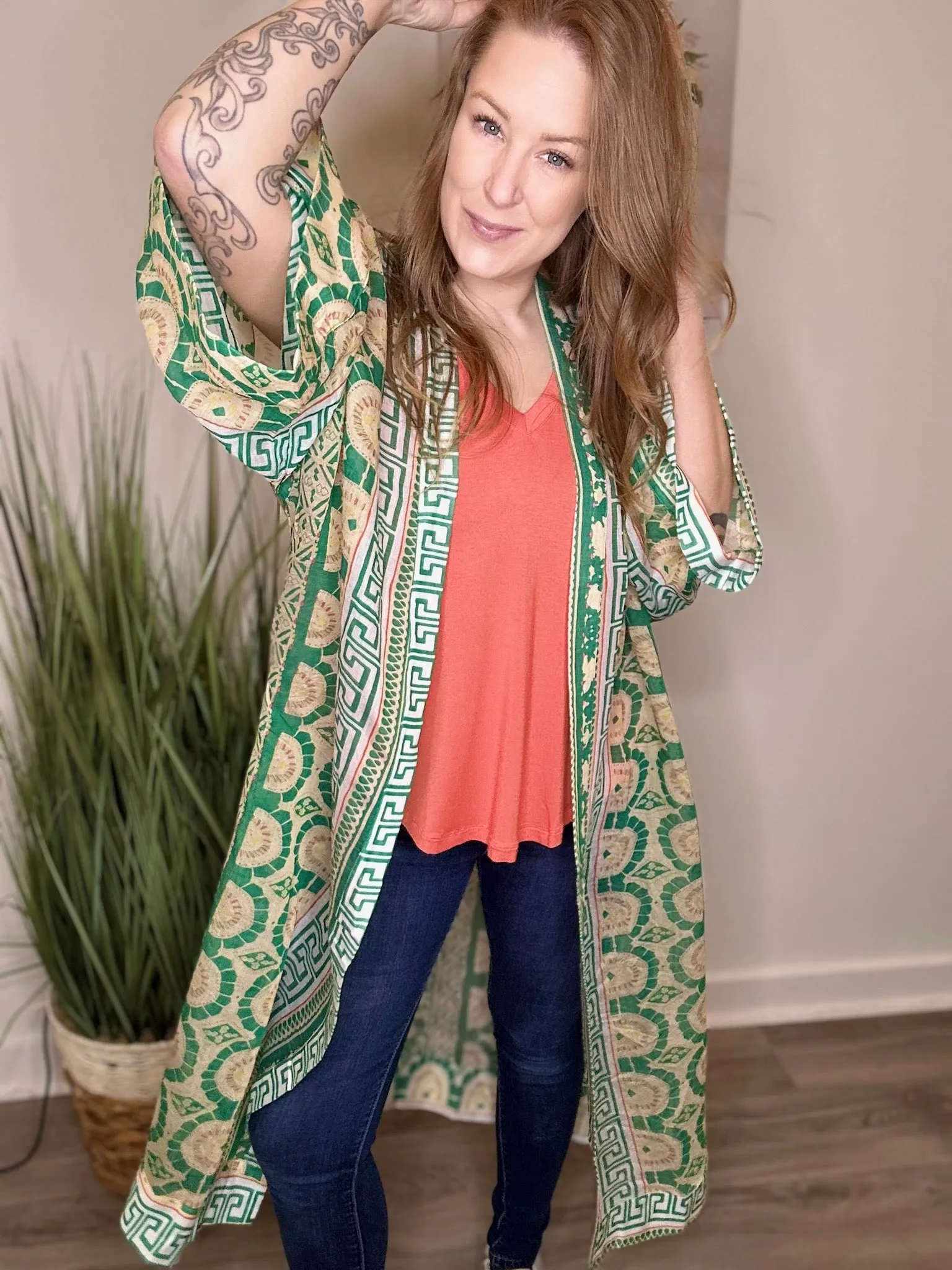 Green Boho Mixed Print Kimono