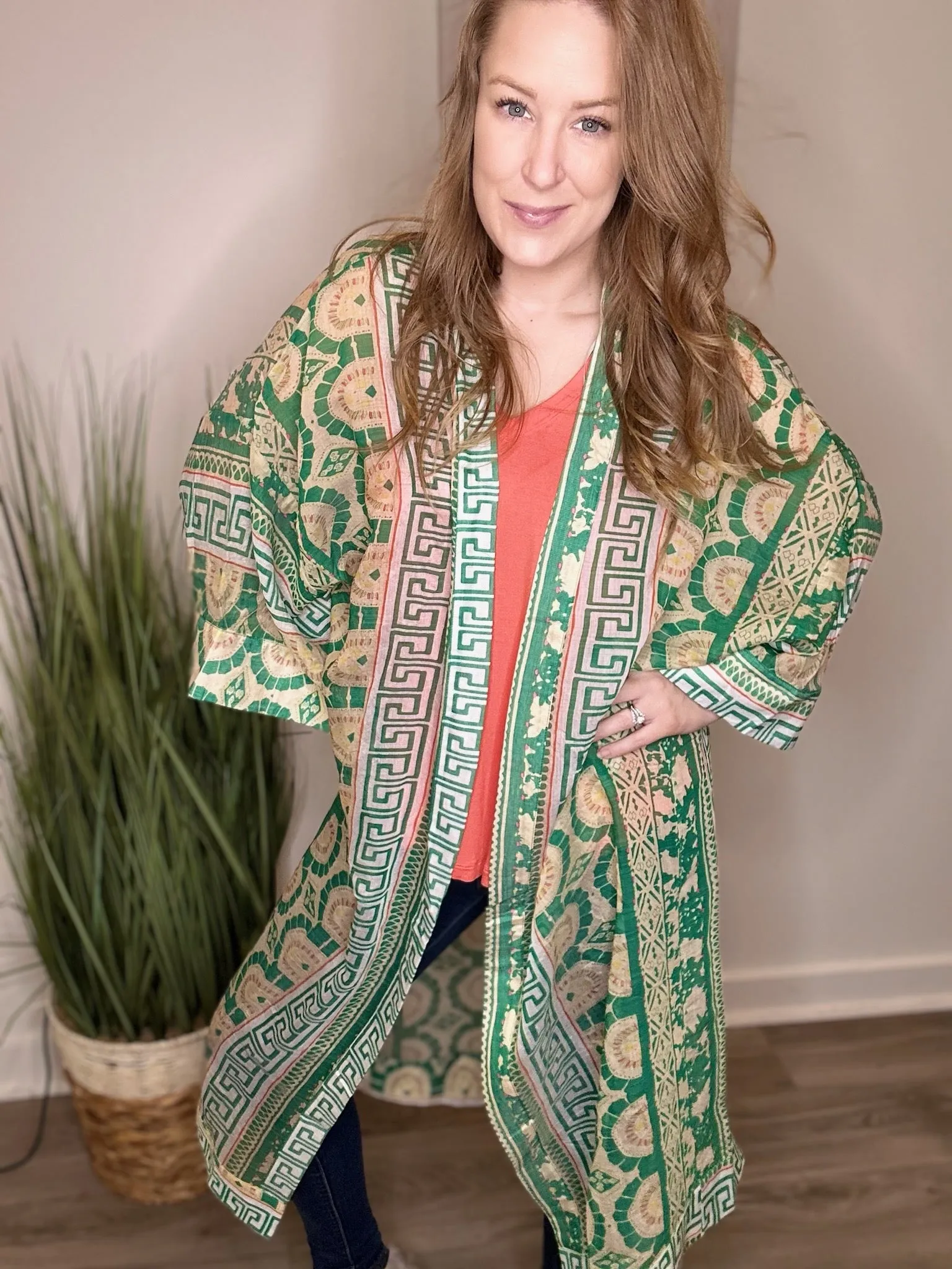 Green Boho Mixed Print Kimono