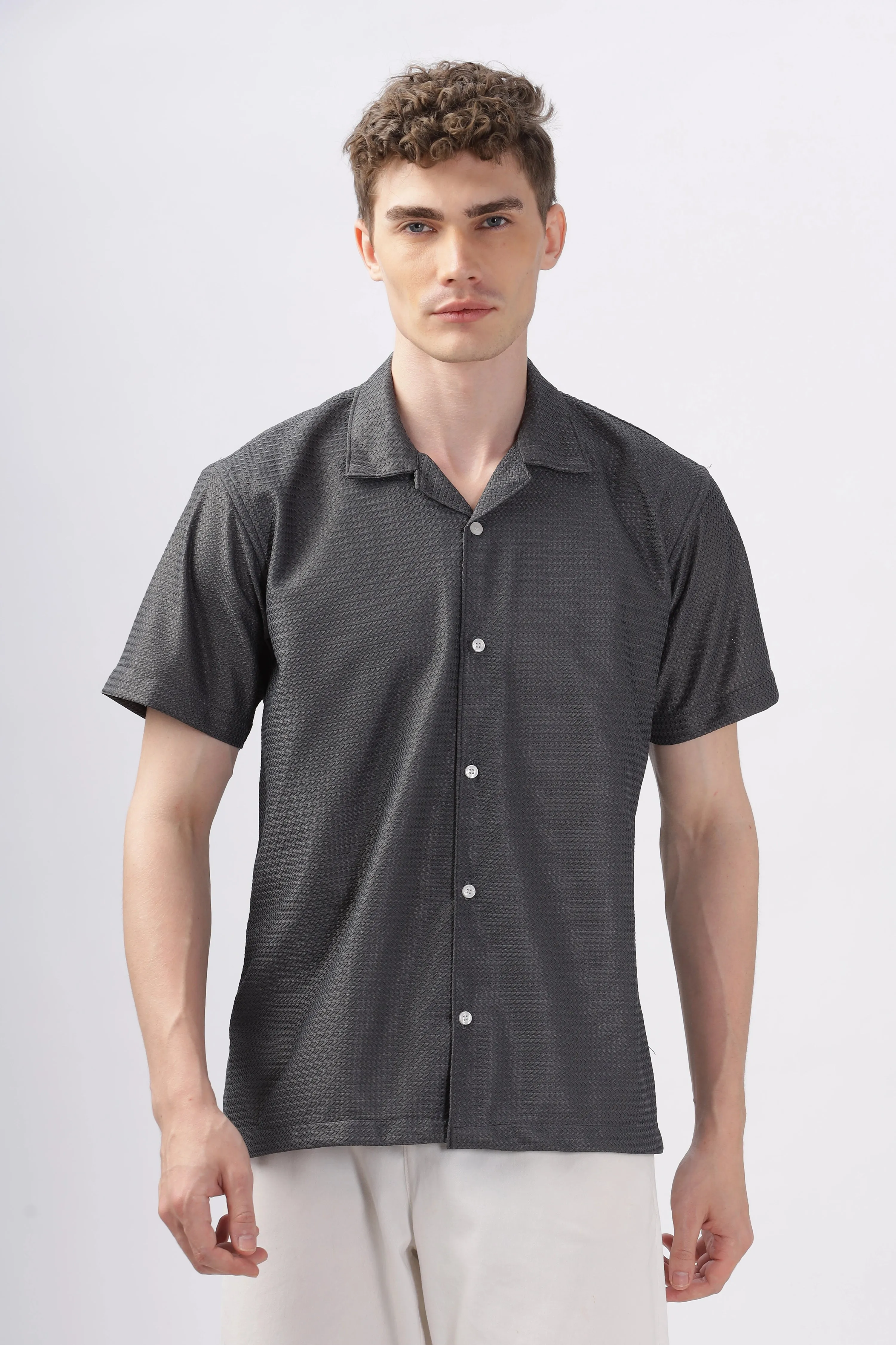 Grey textured turkish weave half sleeve shirt