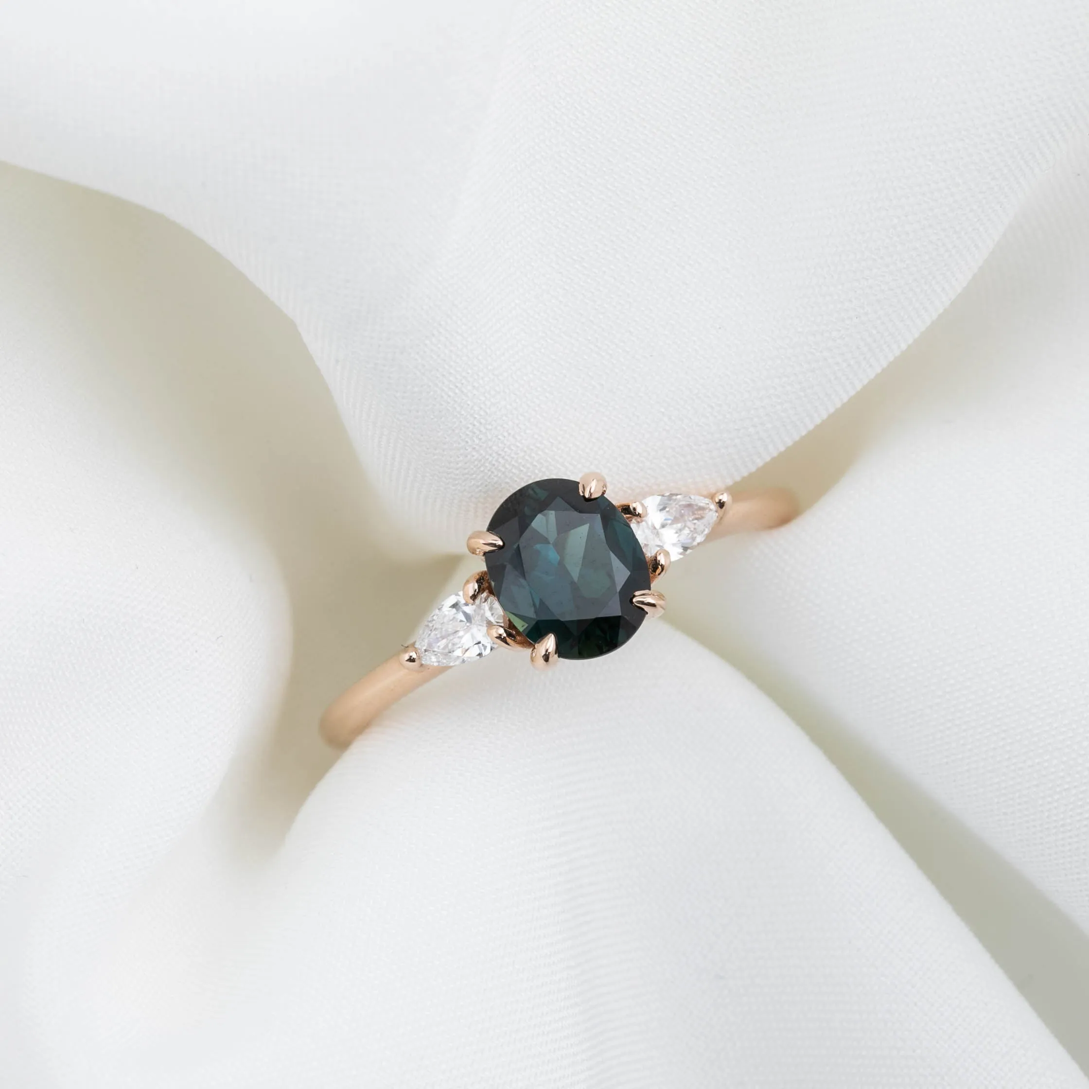 Olivia Ring 1.2ct Deep Teal Blue Queensland Sapphire, 14K Rose Gold (One of a kind)