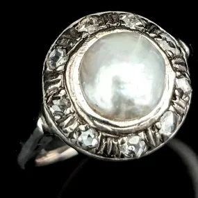 The Cadiz - Antique Natural Certified Pearl Rose Cut Diamonds 14k White Gold Ring