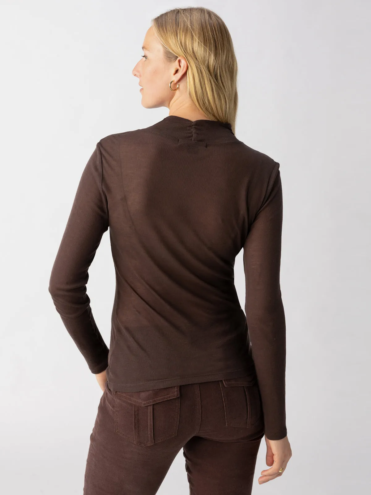 The Semi Sheer Long Sleeve Mock Neck Top Coffee